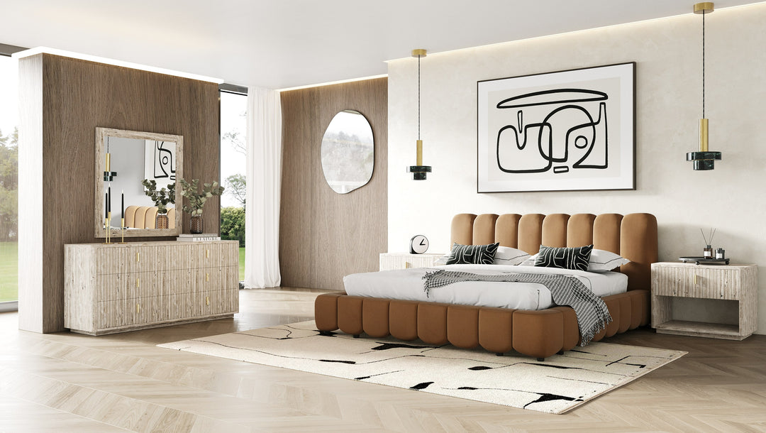 Eastern King Modrest Harris + Roma - Modern Brown Fabric + Faux Travertine 4-Piece Bedroom Set