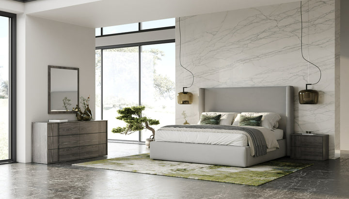 Byrne + Asus - Modern Grey Fabric + Elm Grey 4-Piece Bedroom Set