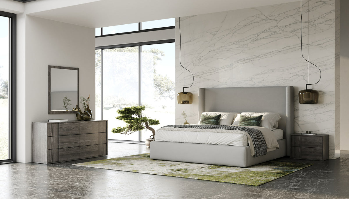 Queen Modrest Byrne + Asus - Modern Grey Fabric + Elm Grey 4-Piece Bedroom Set
