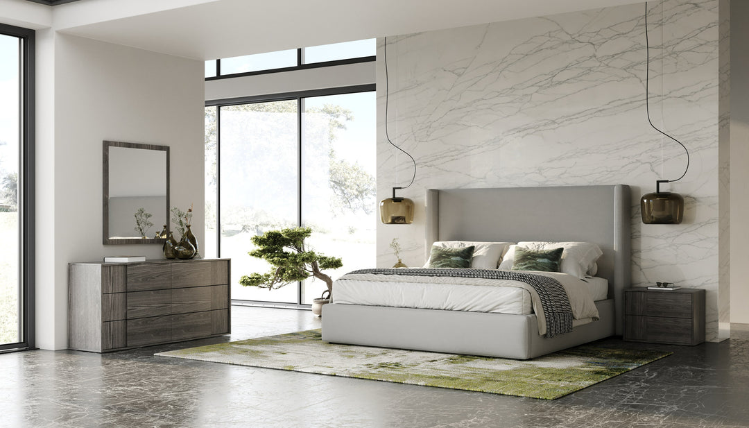 Eastern King Modrest Byrne + Asus - Modern Grey Fabric + Elm Grey 4-Piece Bedroom Set