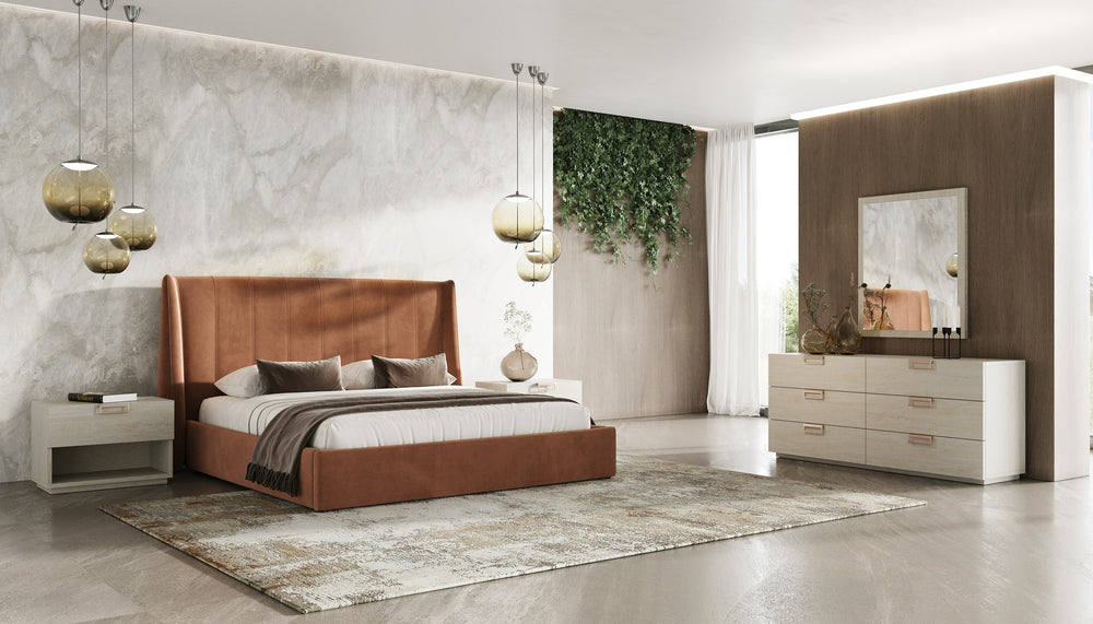 Queen Roma + Lago - Modern Burnt Orange Microfiber + Faux Travertine 4-Piece Bedroom Set