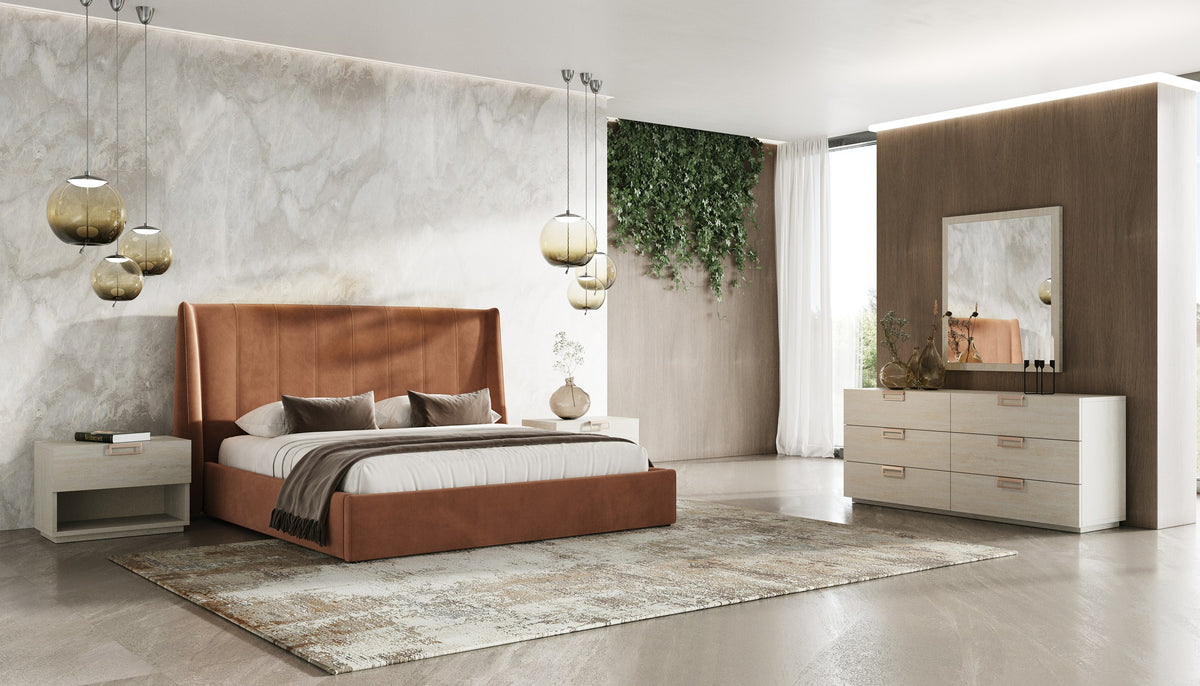 Eastern King Roma + Lago - Modern Burnt Orange Microfiber + Faux Travertine 4-Piece Bedroom Set