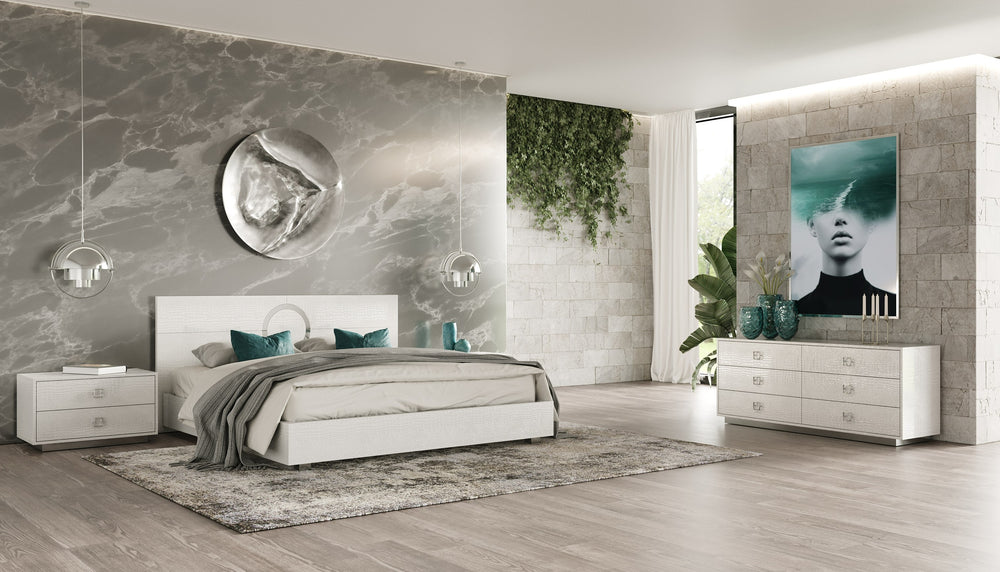 Queen Ovidius + Victoria - Modern White Crocodile Lacquer Bedroom Set