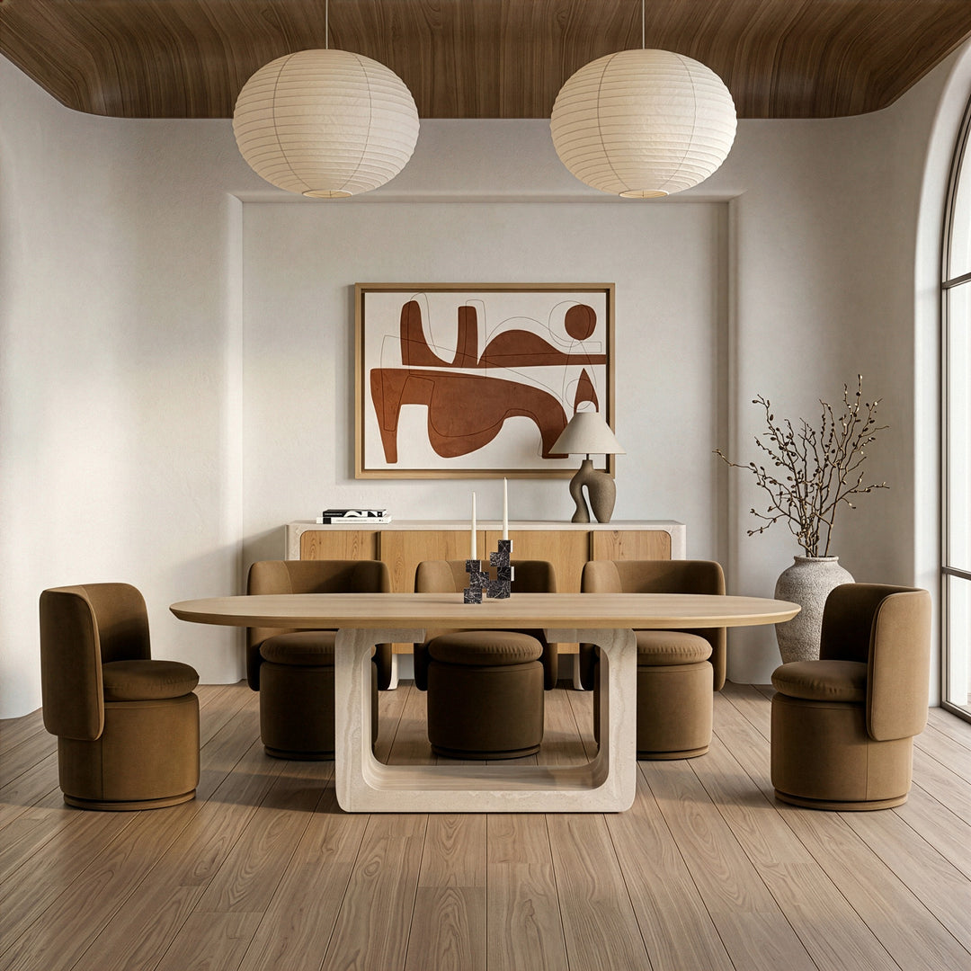 Wolff - Modern White Oak + Faux Travertine Dining Table
