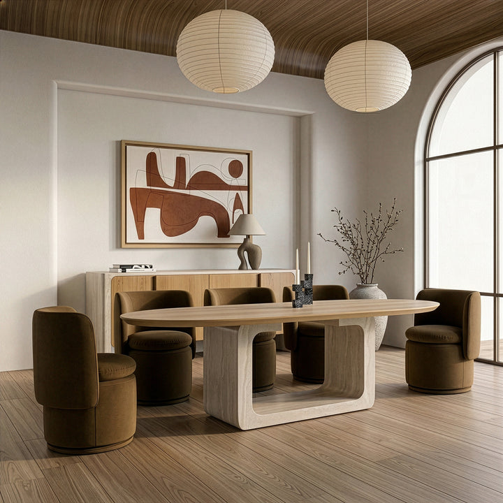 Wolff - Modern White Oak + Faux Travertine Dining Table