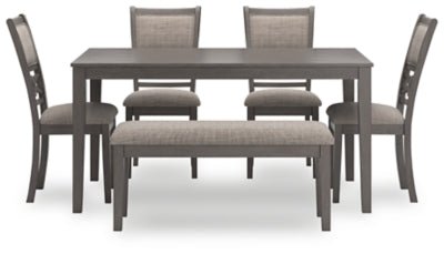 Wrenning Dining Table and 4 Chairs and Bench (Set of 6) - Gray 6 Piece Dining Room Set modern furniture Contempo Furniture
