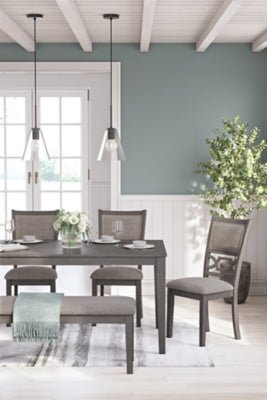 Wrenning Dining Table and 4 Chairs and Bench (Set of 6) - Gray 6 Piece Dining Room Set modern furniture Contempo Furniture