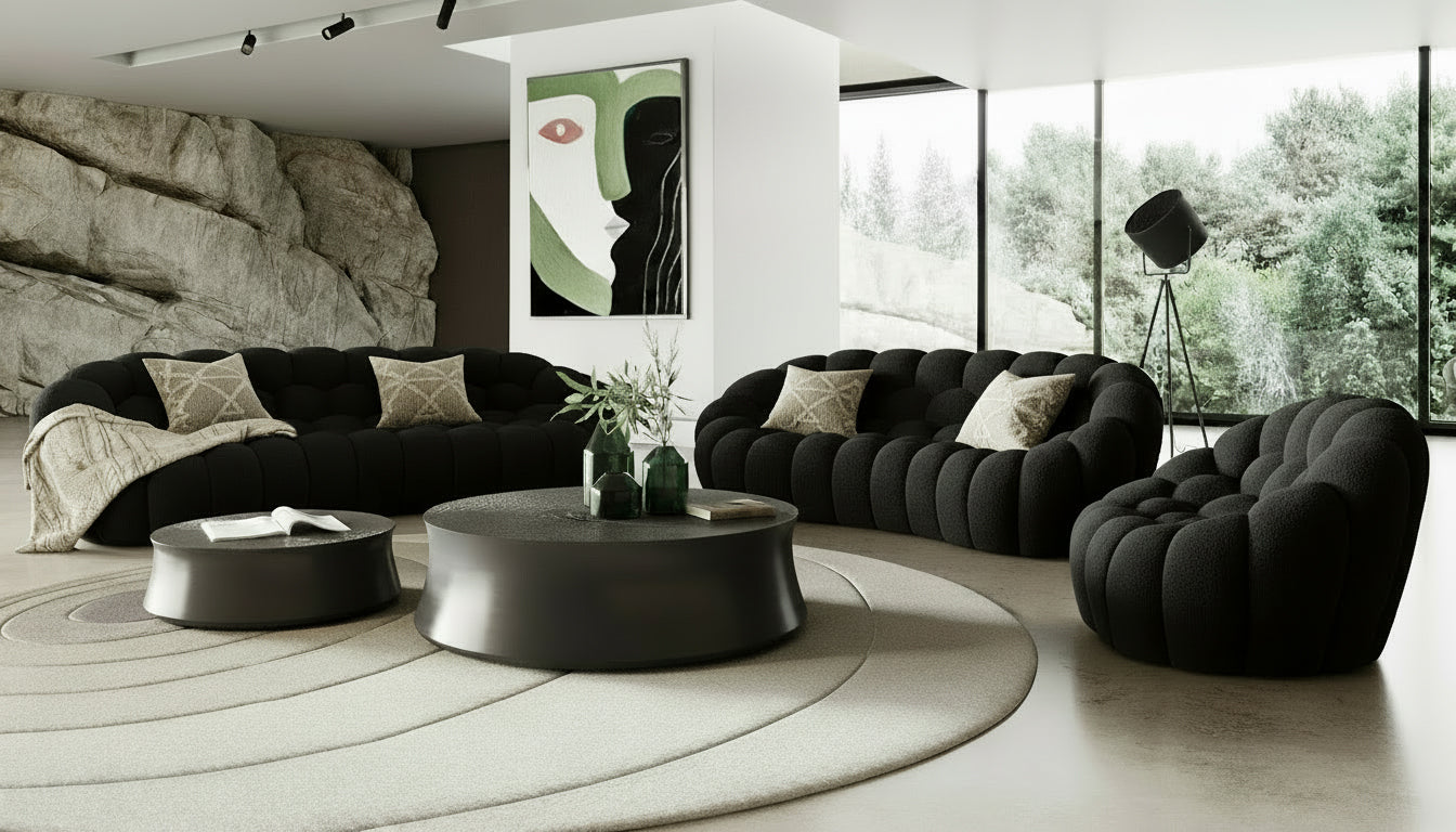 Yolonda - Modern Curved Black Fabric Loveseat