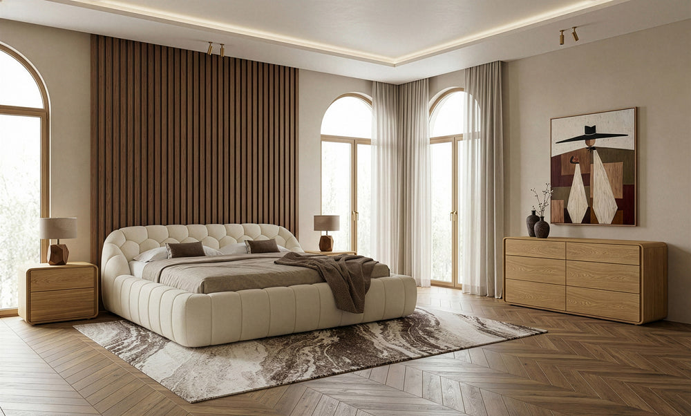 Queen Yolonda + Dustin - Modern Off-White Fabric + Natural Oak 4-Piece Bedroom Set
