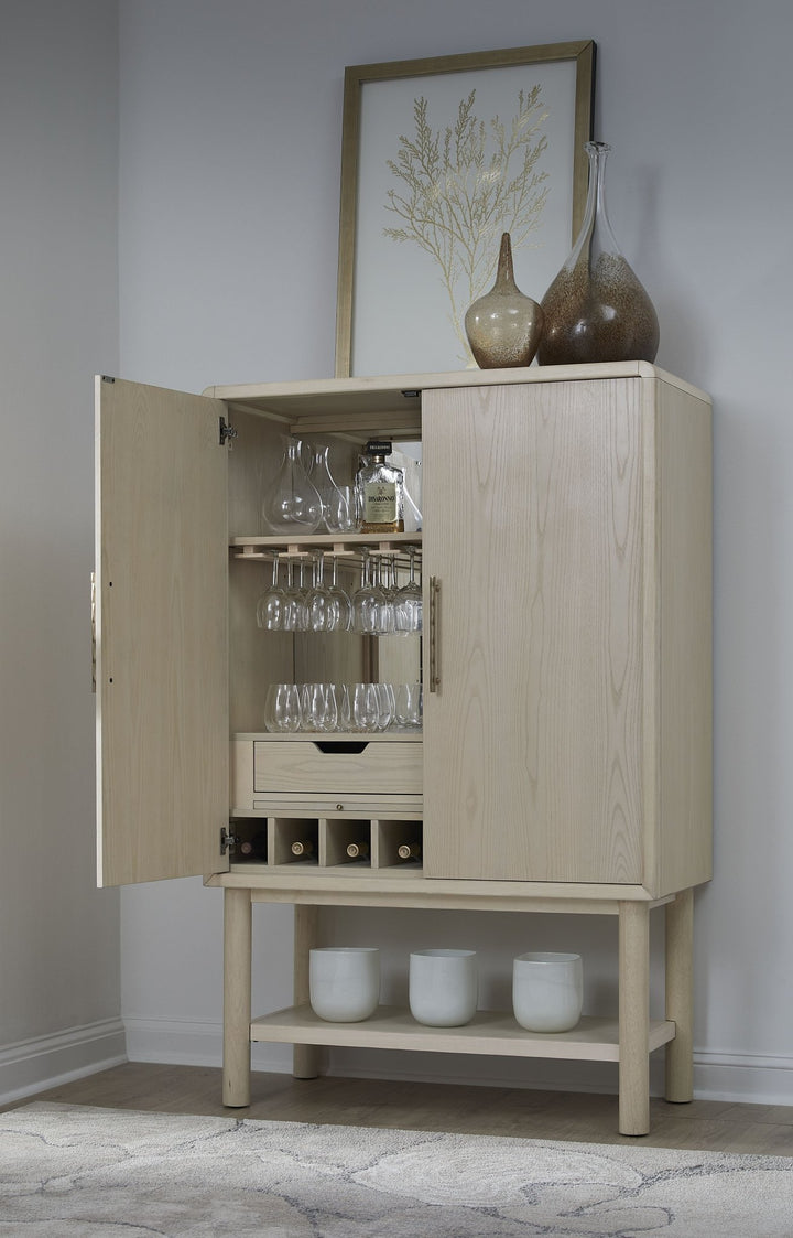 Zinnia Two Door Ash Wood Bar Cabinet in White Sand Sideboard modern furniture Contempo Furniture