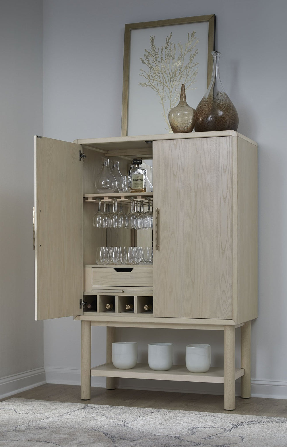 Zinnia Two Door Ash Wood Bar Cabinet in White Sand