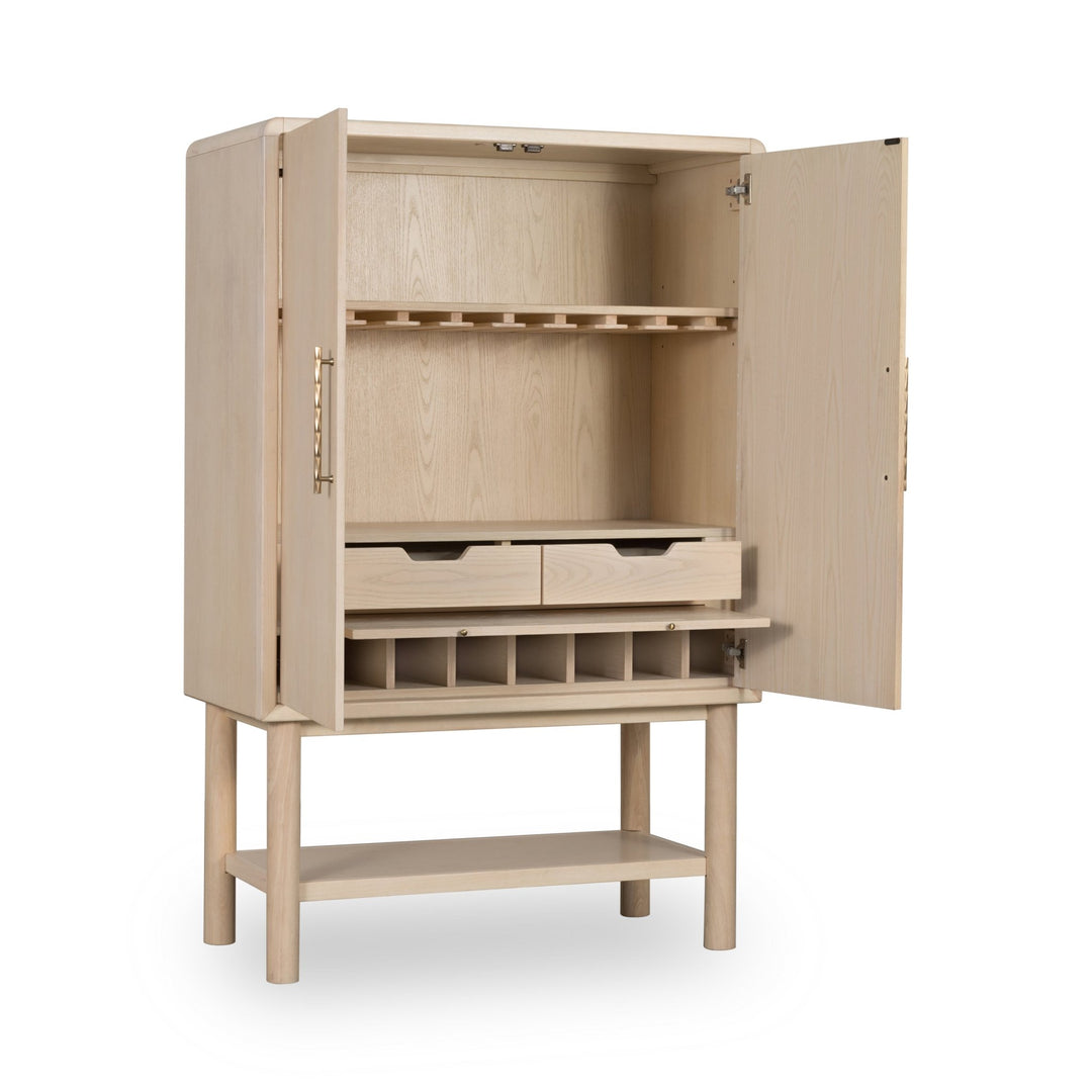 Zinnia Two Door Ash Wood Bar Cabinet in White Sand Sideboard modern furniture Contempo Furniture