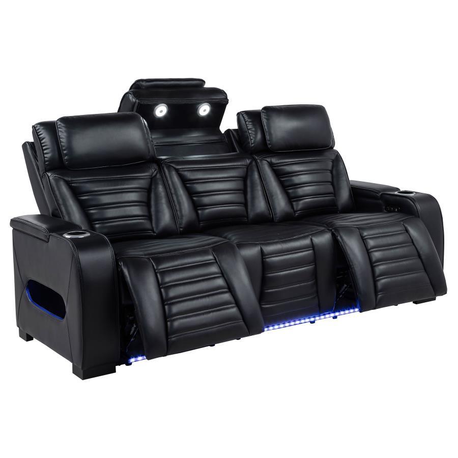 Zuma - Faux Leather Dual Power Reclining LED Sofa - Black Reclining Sofa modern furniture Contempo Furniture